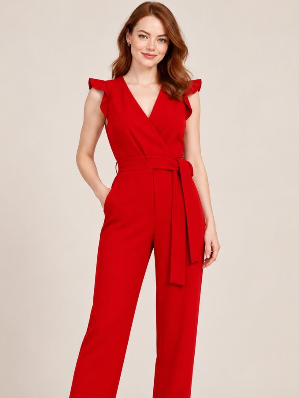 Anthropologie Adelyn Rae Red Ruffle Sleeve Wrap Front Jumpsuit Wide Leg Size S